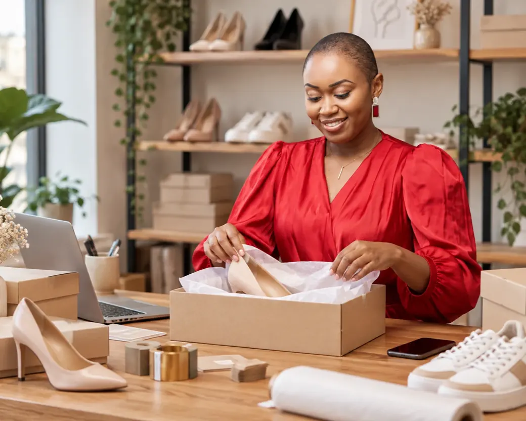 Commerçante préparant une commande dans sa boutique — site e-commerce sur mesure