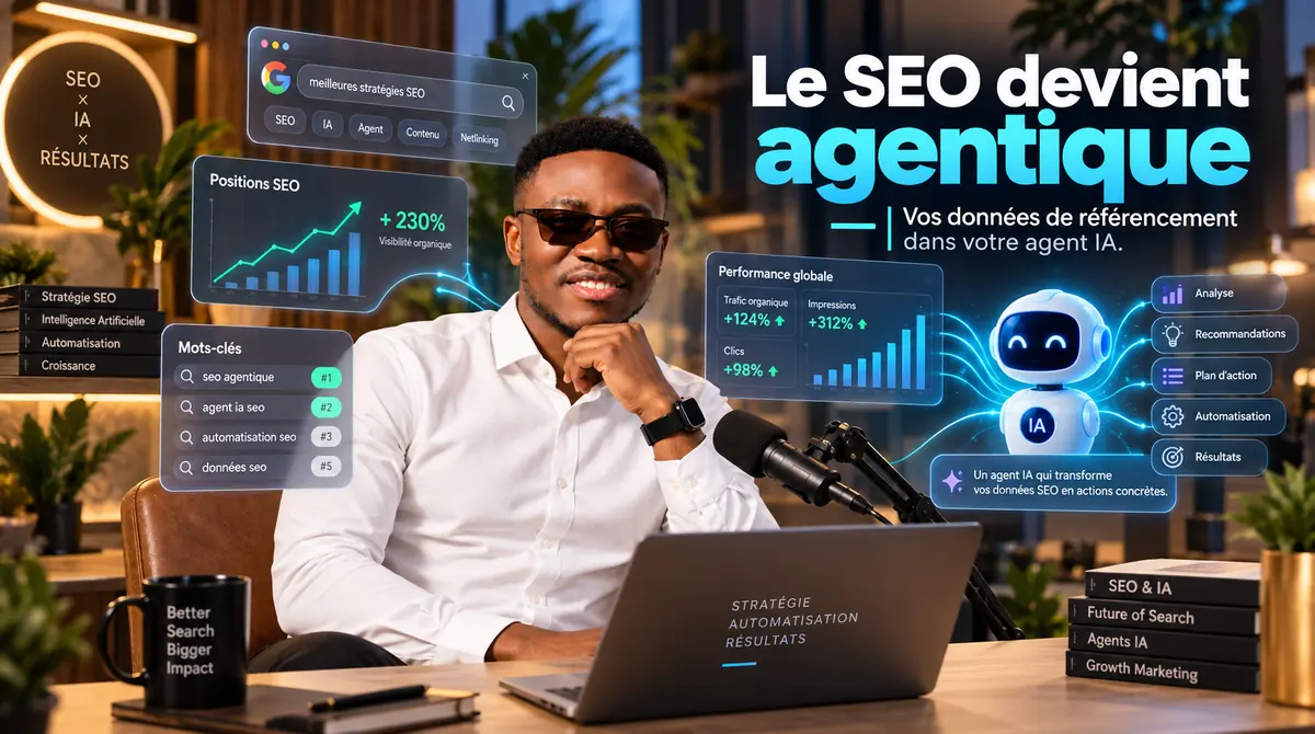 Régis Ngansop entouré de tableaux de bord SEO : positions, mots-clés et trafic organique reliés à un agent IA