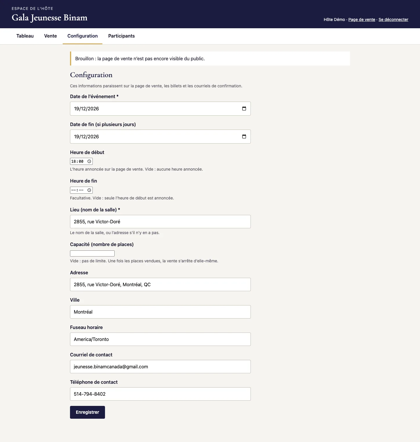 La configuration de l’événement