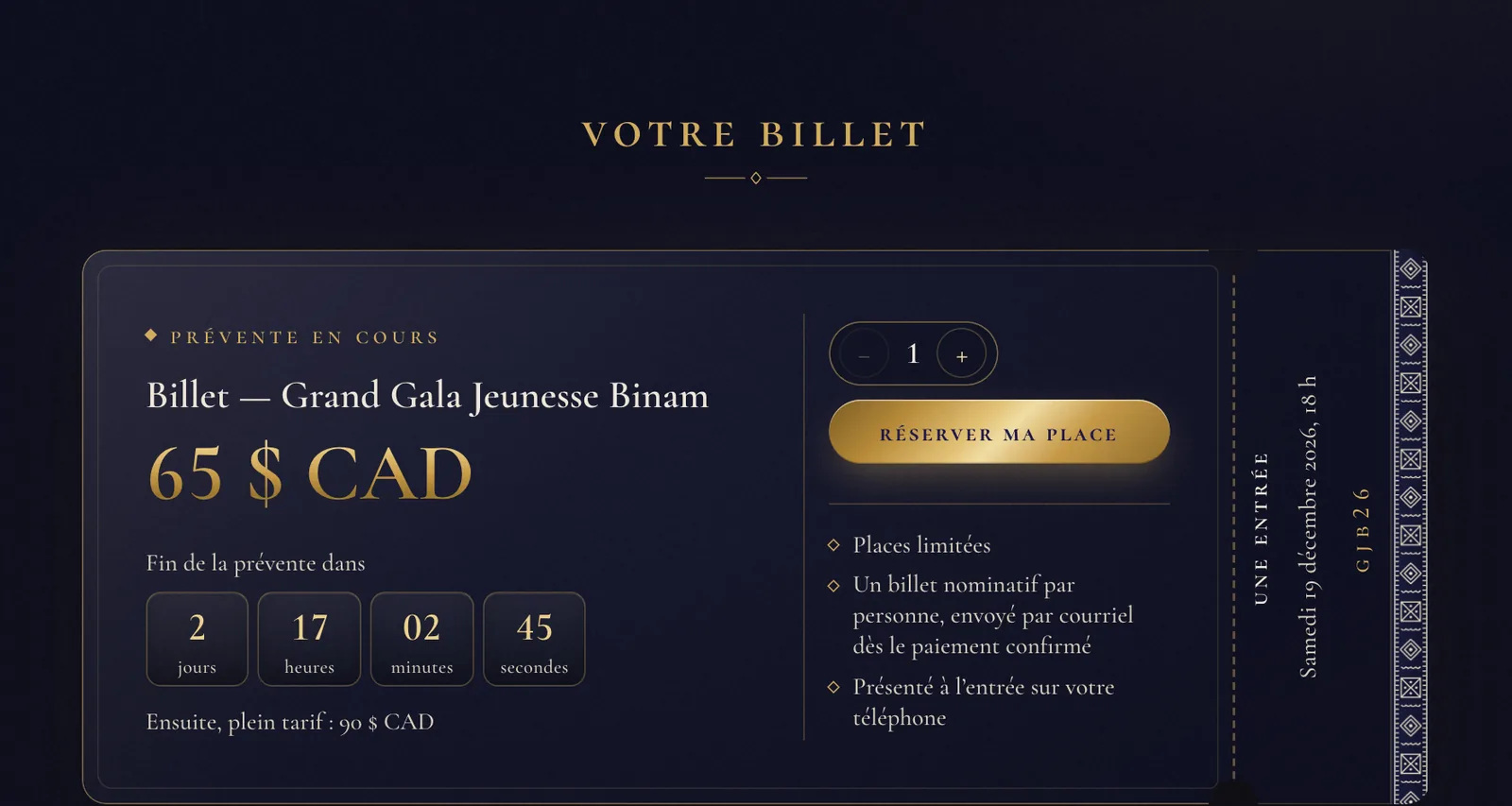 Le billet de la page de vente, en format paysage