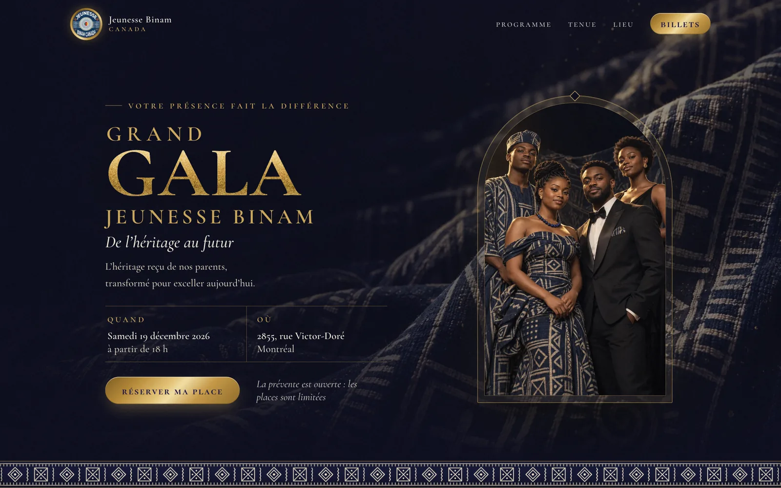 Le haut de la page de vente du Grand Gala Jeunesse Binam, sur ordinateur